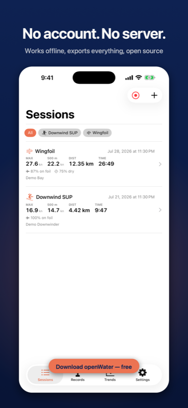 Sessions list with each recorded session stored on device