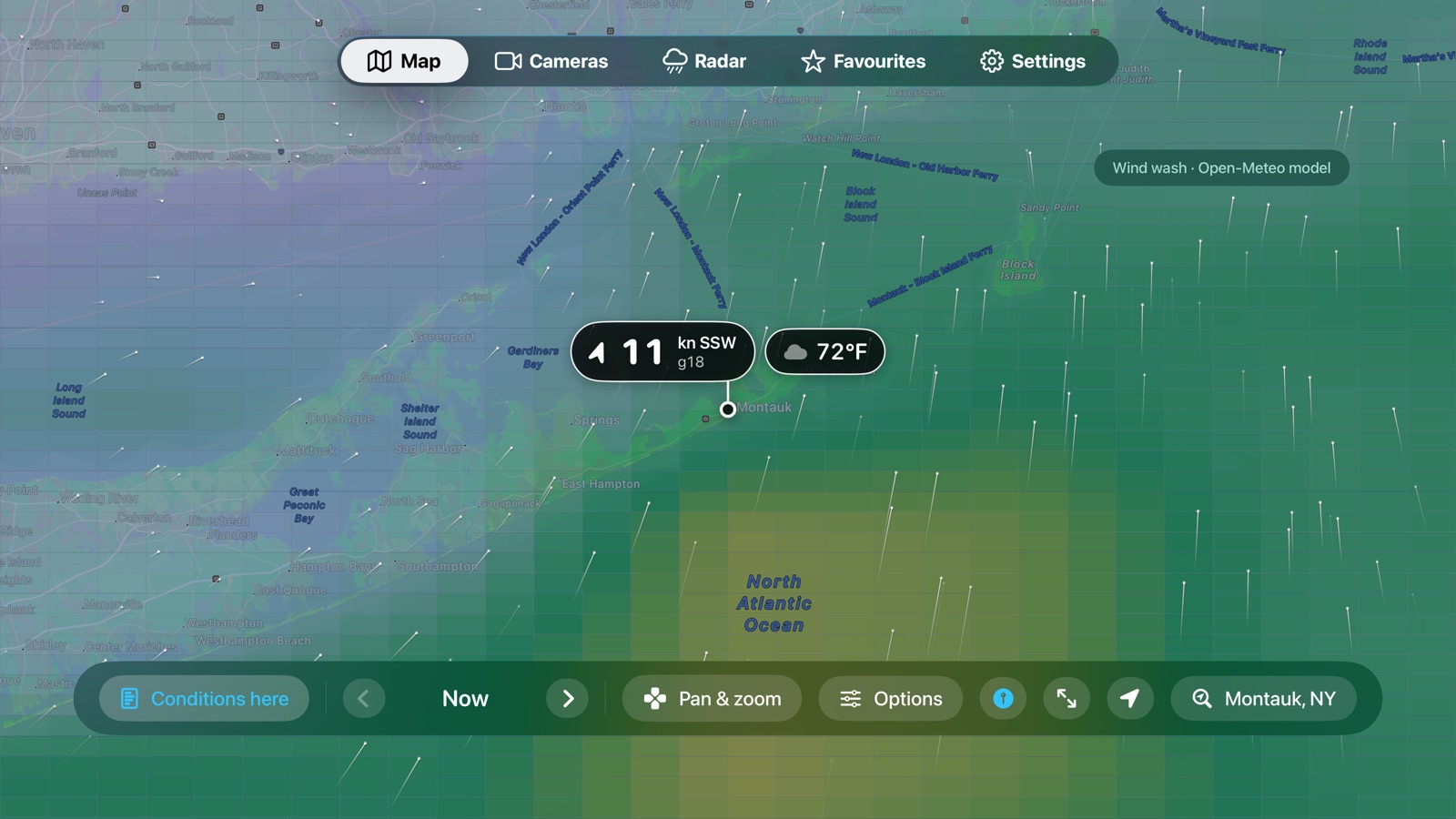 OpenWater on Apple TV: a wind map of Long Island's east end with wind arrows and a readout of 11 knots SSW gusting 18 over Montauk