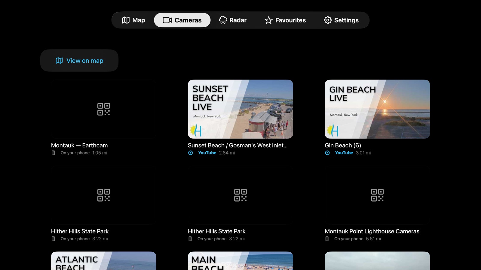 Grid of beach webcams near Montauk, sorted by distance